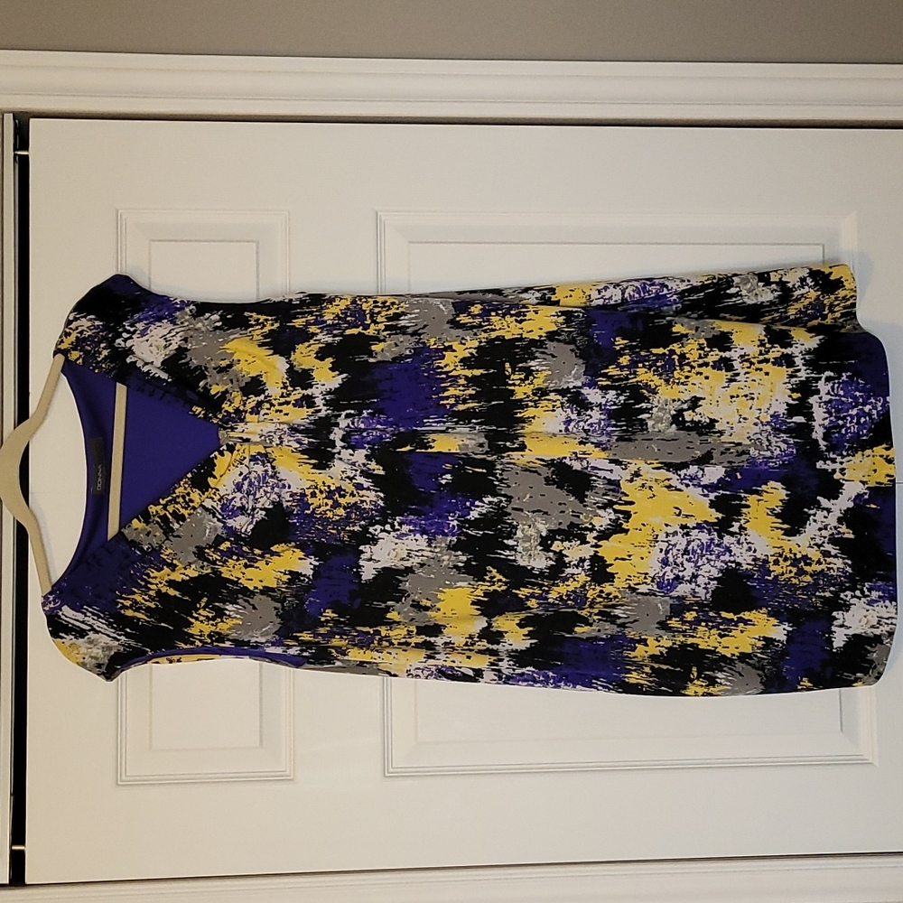 Donna Rico size 18W dress with asymmetrical neckline in blue, yellow, grey and b